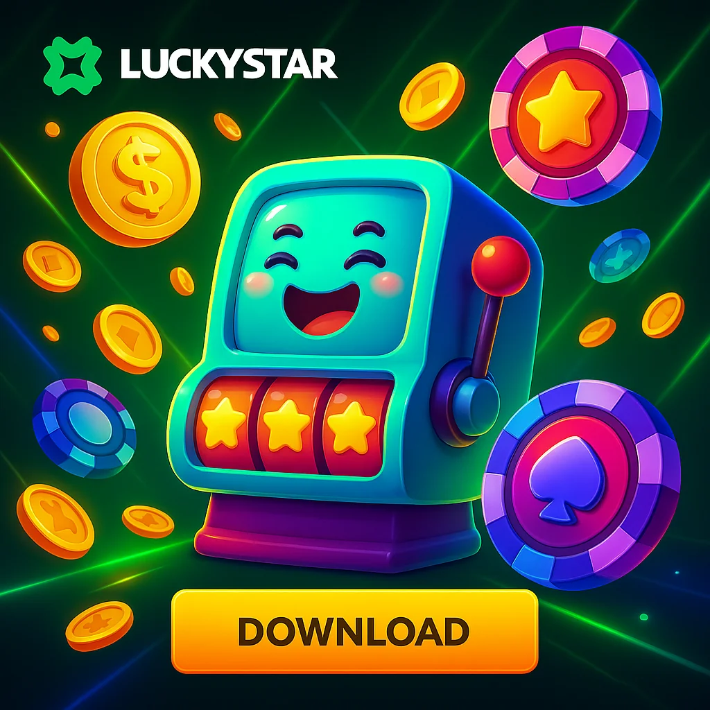 Lucky Star app interface on Android with download button, slots menu, and IDR balance visible