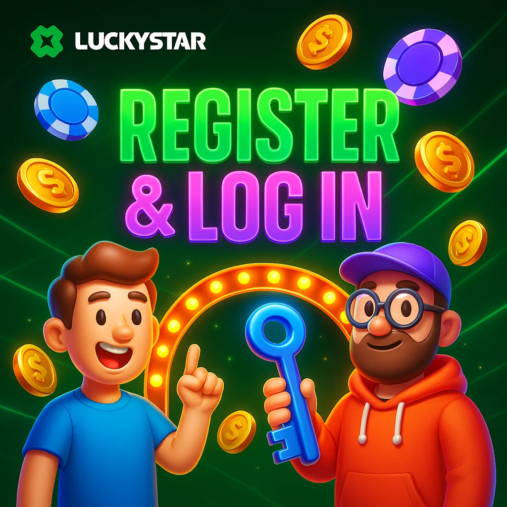 Lucky Star login and registration screen in blue theme with mobile input fields and bonus banner