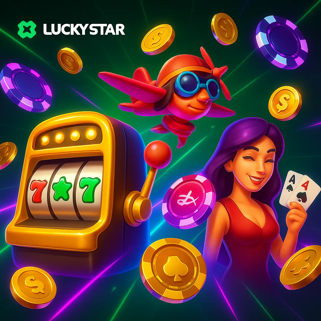 Lucky Star Casino Aviator homepage with banner bonus, login button, and slot games list on mobile screen