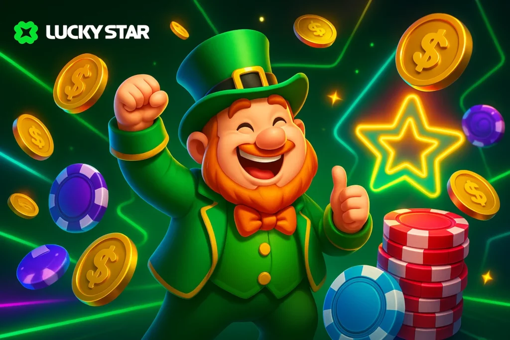 Green Lucky Star player feedback page with Indonesian reviews, game stats, and mobile app icons
