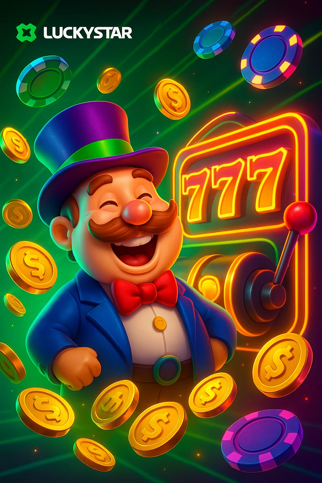 Lucky Star Casino homepage with banner bonus, login button, and slot games list on mobile screen
