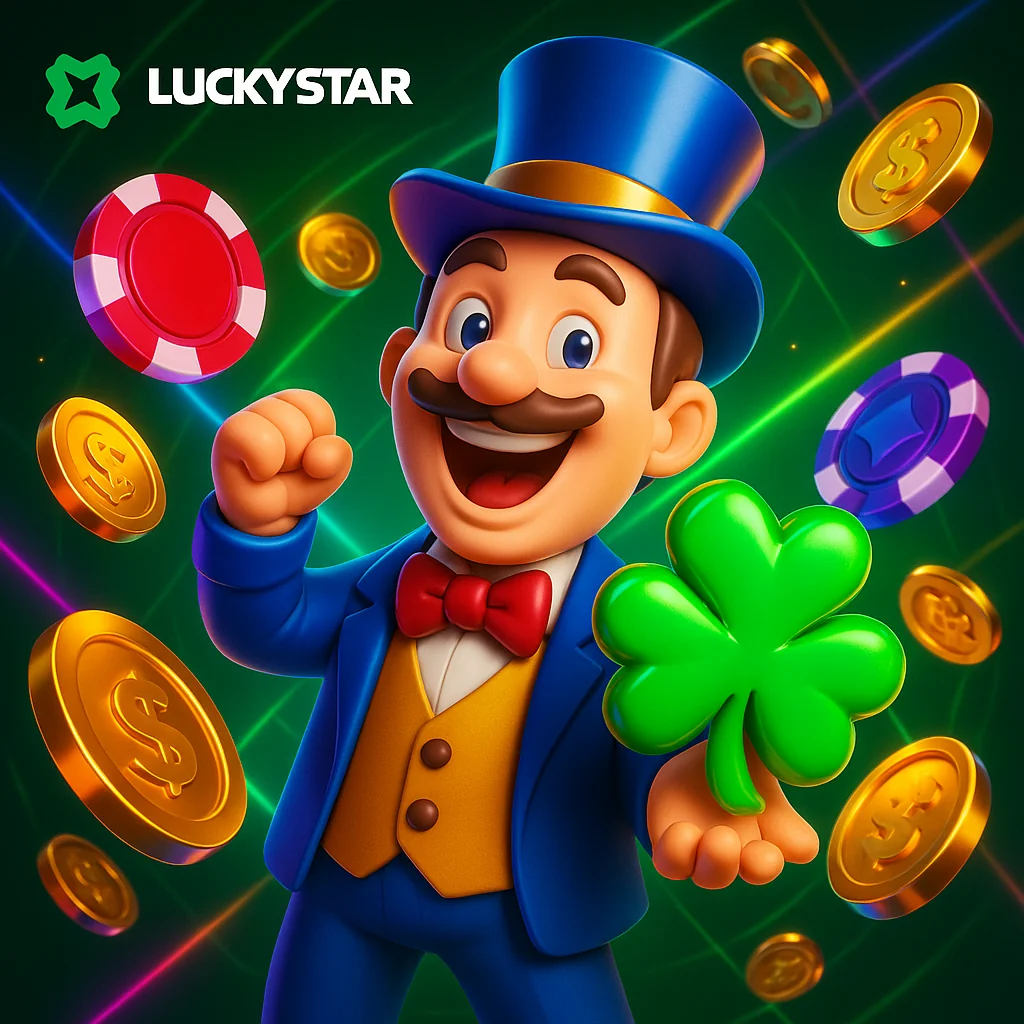 Lucky Star blue promo page with welcome bonus banner, promo code input field, and free spin icons