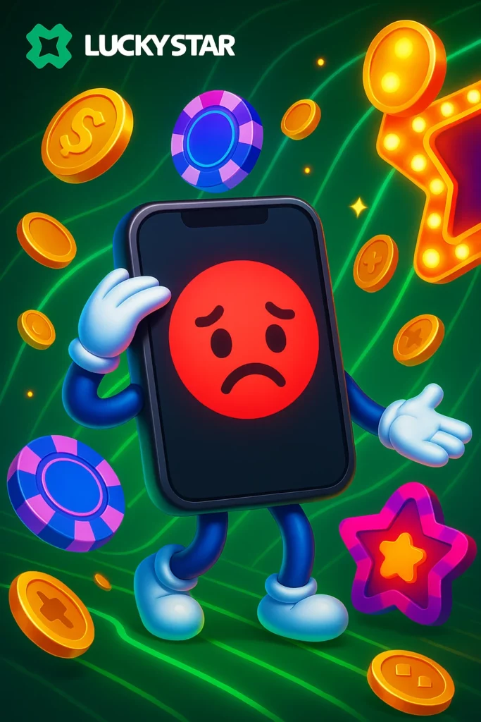 Lucky Star App crash popup with fix tips checklist, green warning background